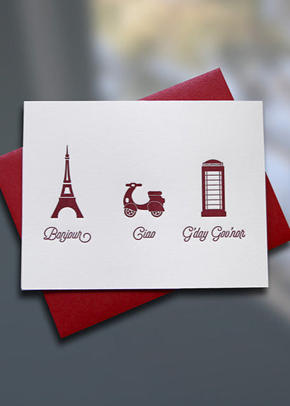 Bonjour-Ciao-G'day Letterpress Note Card - Sky of Blue Cards - $4.50 single, $18 Boxed Set of 8