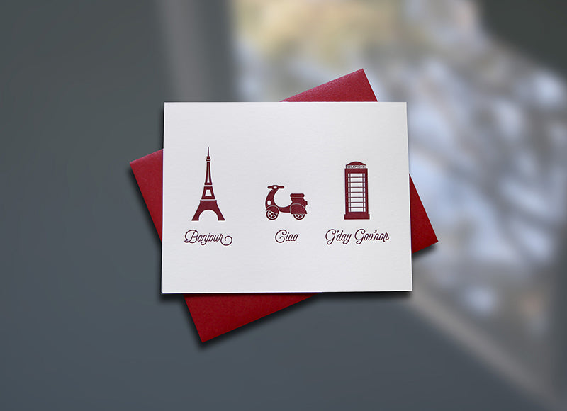 Bonjour-Ciao-G'day Letterpress Note Card - Sky of Blue Cards - $4.50 single, $18 Boxed Set of 8