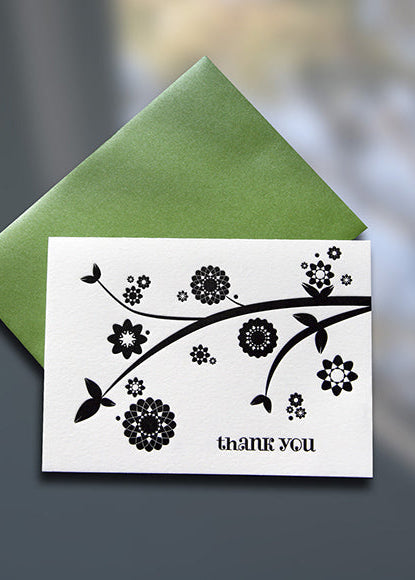 Branch and Flowers Letterpress Thank You Note - Sky of Blue Cards - $5/Single $20/Boxed Set of 8