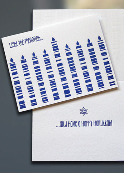 Light the Menorah Letterpress Hanukkah card - Sky of Blue Cards - $4.50 single/$18 Boxed Set of 8