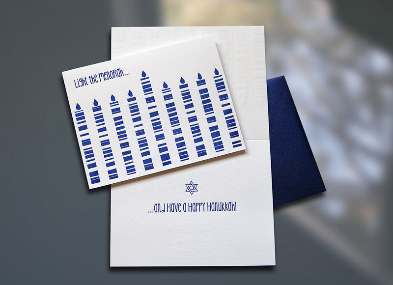 Light the Menorah Letterpress Hanukkah card - Sky of Blue Cards - $4.50 single/$18 Boxed Set of 8