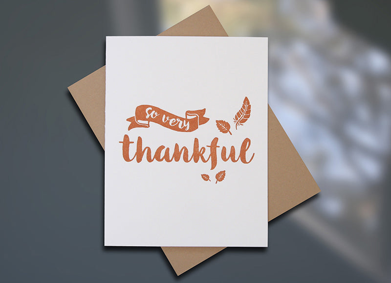 Sky of Blue Cards "Thankful" Letterpress Thanksgiving Card — Single $5, Boxed Set of 8 cards $20 — www.skyofbluecards.com