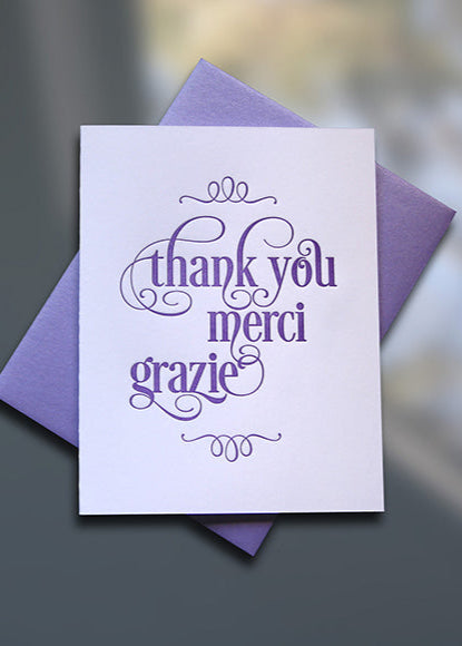 Thank You-Merci-Grazie Letterpress Thank You Card - Sky of Blue Cards - $4.50 single, $18 Boxed Set of 8