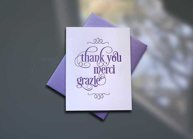 Thank You-Merci-Grazie Letterpress Thank You Card - Sky of Blue Cards - $4.50 single, $18 Boxed Set of 8